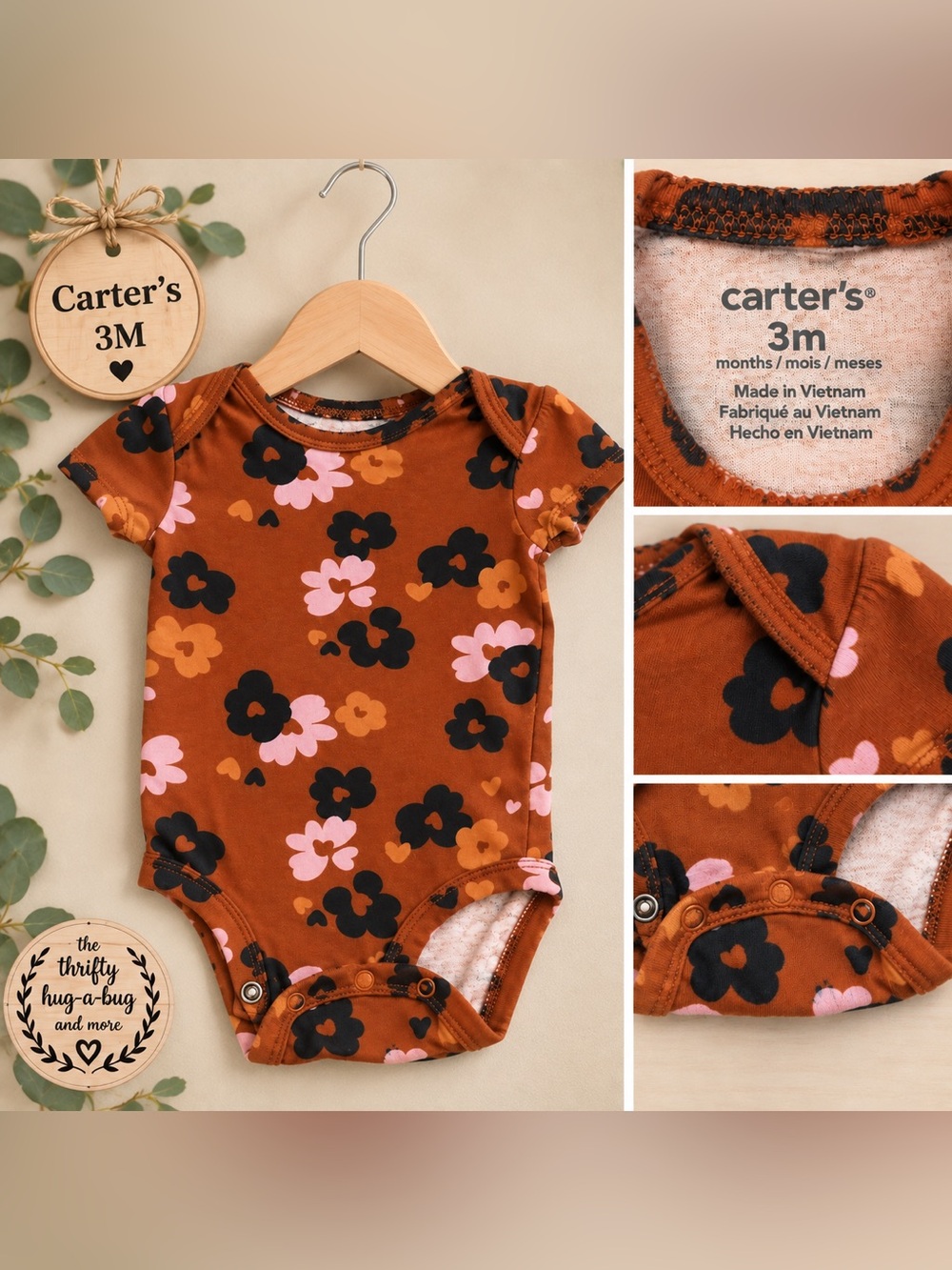 Carter’s Baby Girl Floral Bodysuit 3M | Rust Orange Flower Onesie